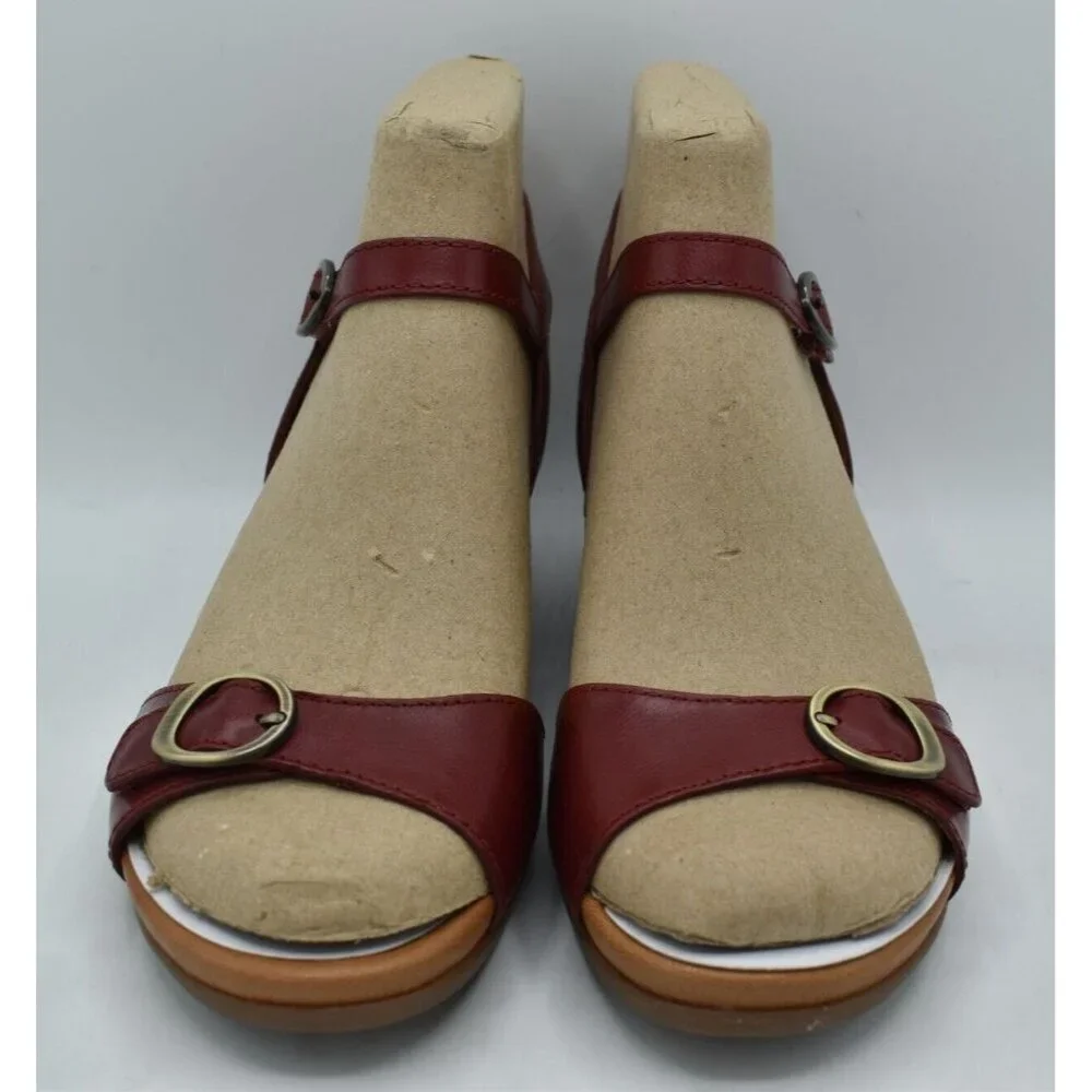Dansko Womens EU 40 US 9.5-10 Arielle Red‎ Glazed Leather Wedge Open Toe Sandals